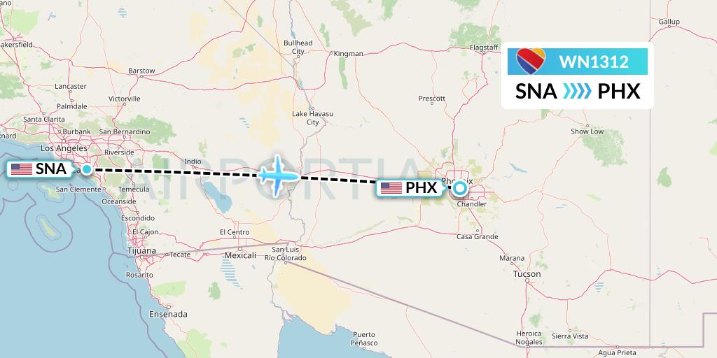 WN1312 Southwest Airlines Flight Map: Orange County to Phoenix