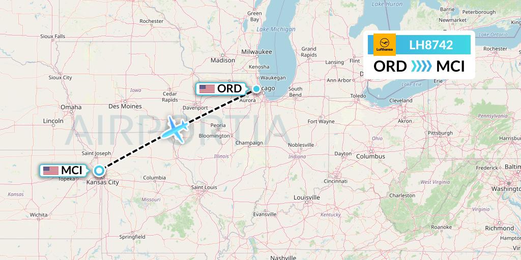 LH8742 Lufthansa Flight Map: Chicago to Kansas City