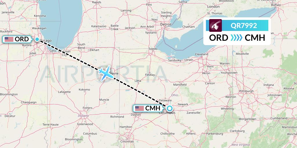 QR7992 Qatar Airways Flight Map: Chicago to Columbus
