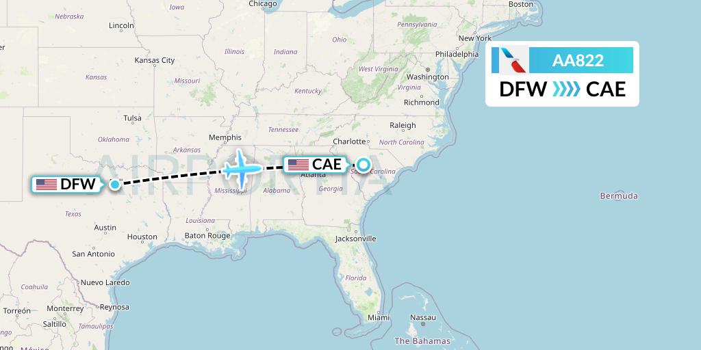 AA822 American Airlines Flight Map: Dallas to Columbia