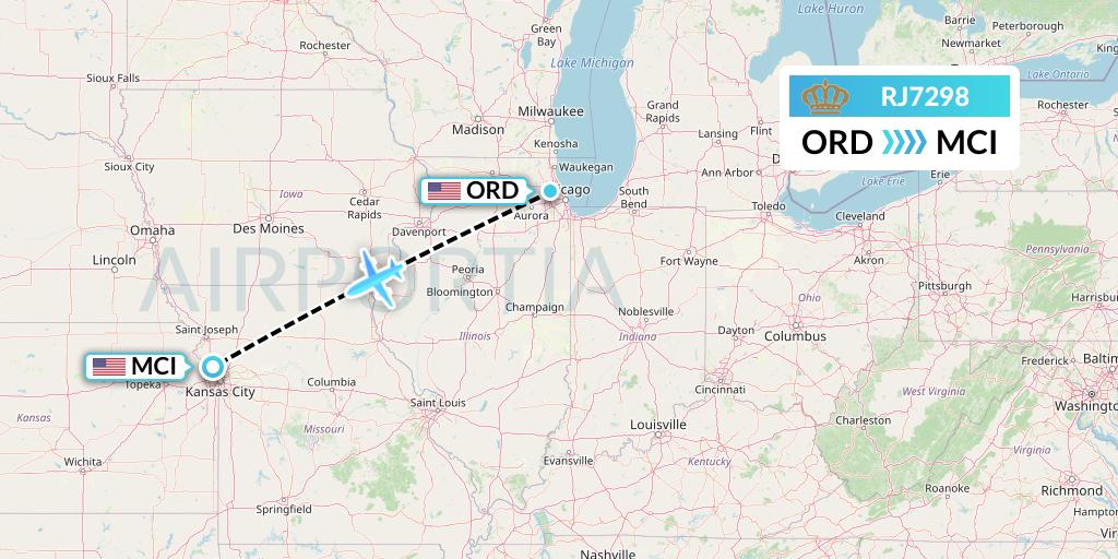 RJ7298 Royal Jordanian Flight Map: Chicago to Kansas City