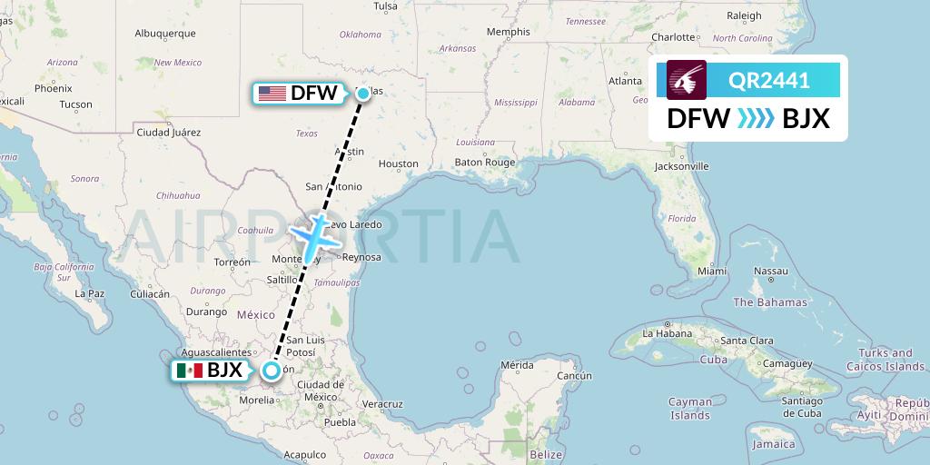 QR2441 Qatar Airways Flight Map: Dallas to Silao