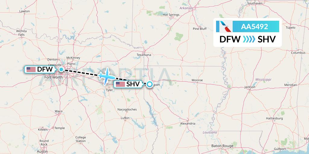 AA5492 American Airlines Flight Map: Dallas to Shreveport