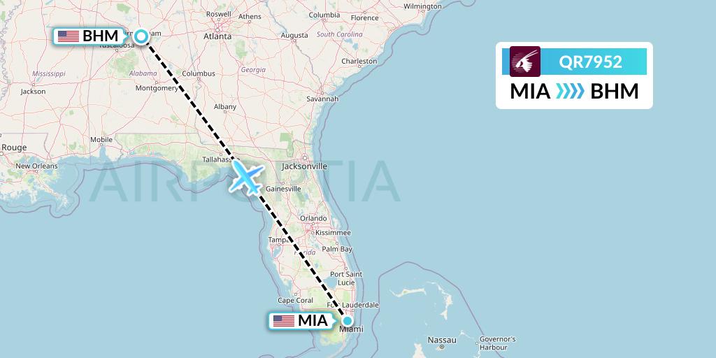 QR7952 Qatar Airways Flight Map: Miami to Birmingham