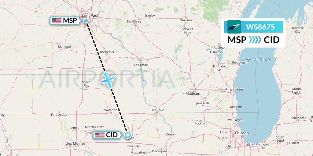 WS8675 WestJet Flight Map: Minneapolis to Cedar Rapids
