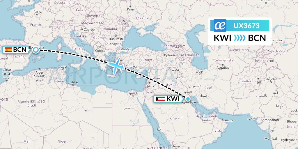 UX3673 Air Europa Flight Map: Kuwait City to Barcelona