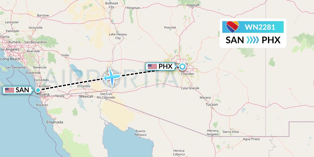 WN2281 Southwest Airlines Flight Map: San Diego to Phoenix