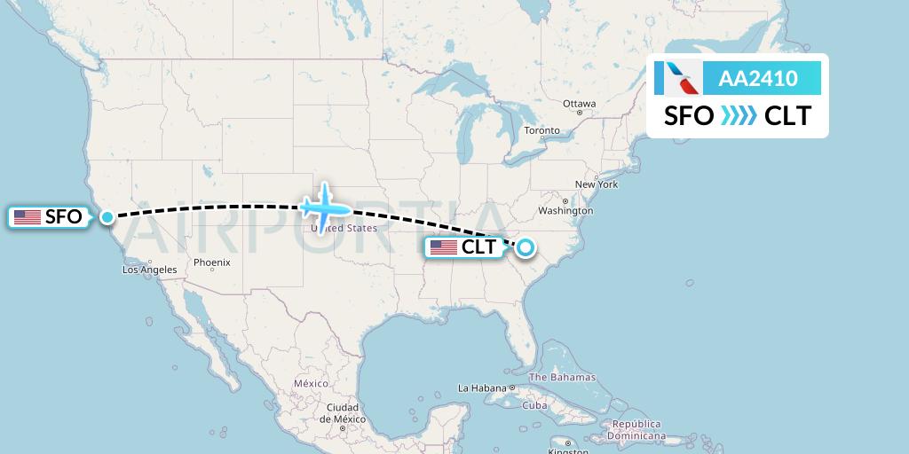 AA2410 American Airlines Flight Map: San Francisco to Charlotte