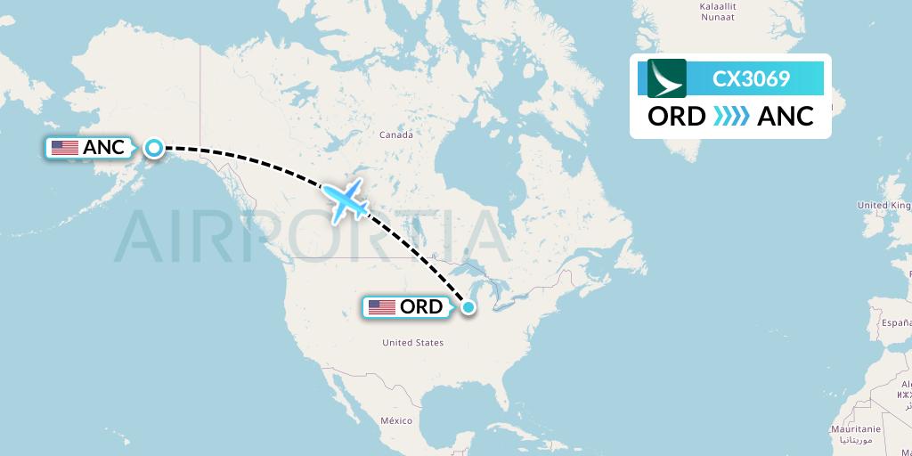 CX3069 Cathay Pacific Flight Map: Chicago to Anchorage