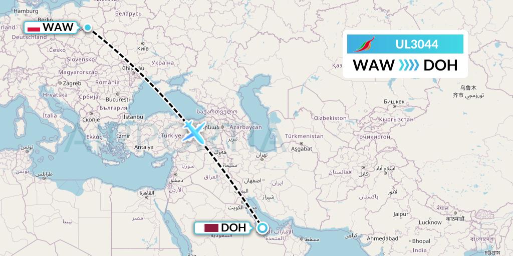 UL3044 SriLankan Airlines Flight Map: Warsaw to Doha