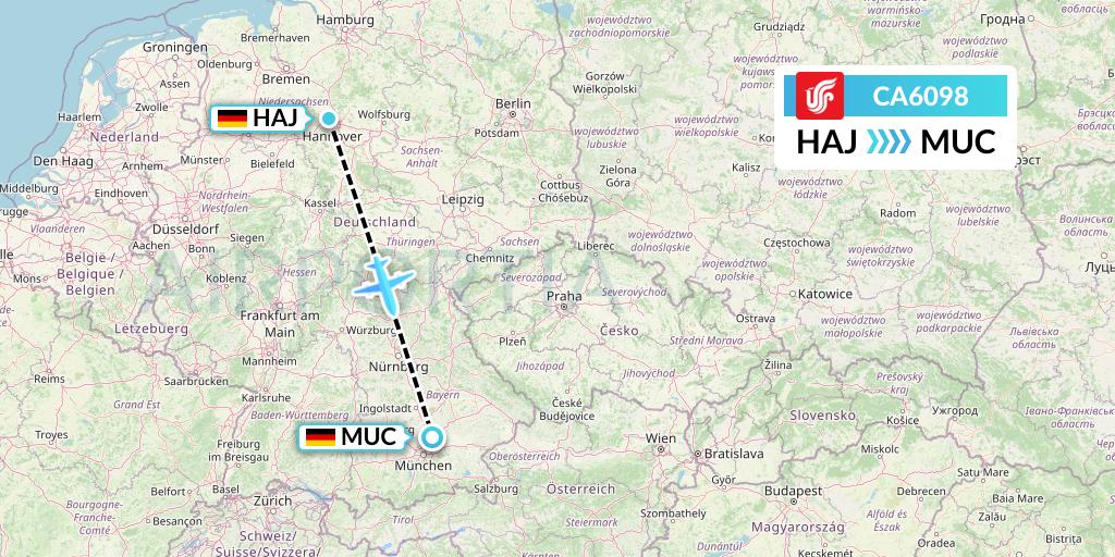 CA6098 Air China Flight Map: Hannover to Munich