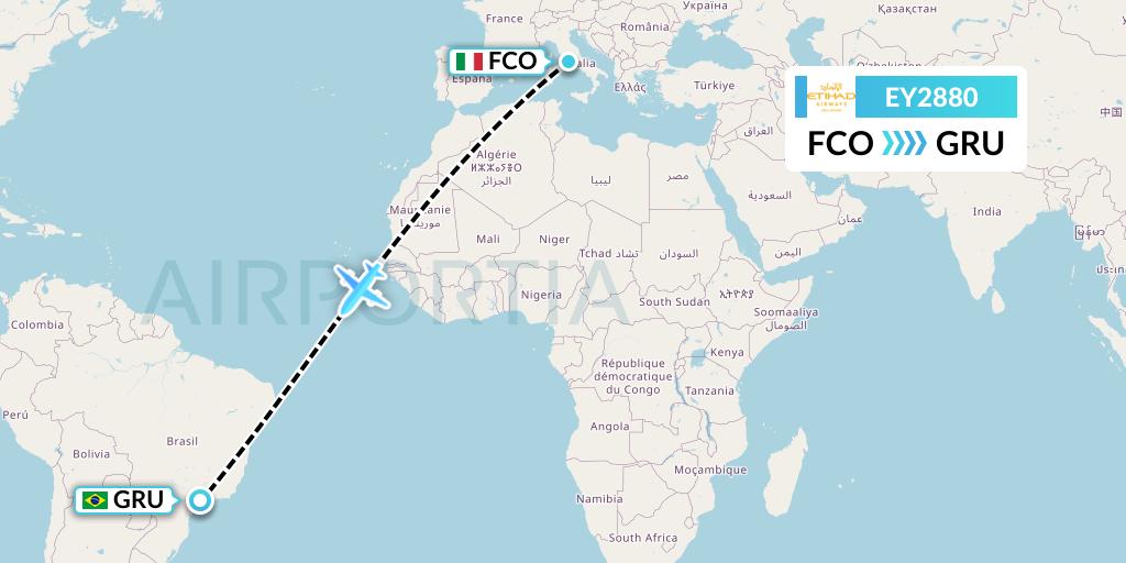 EY2880 Etihad Airways Flight Map: Rome to Sao Paulo