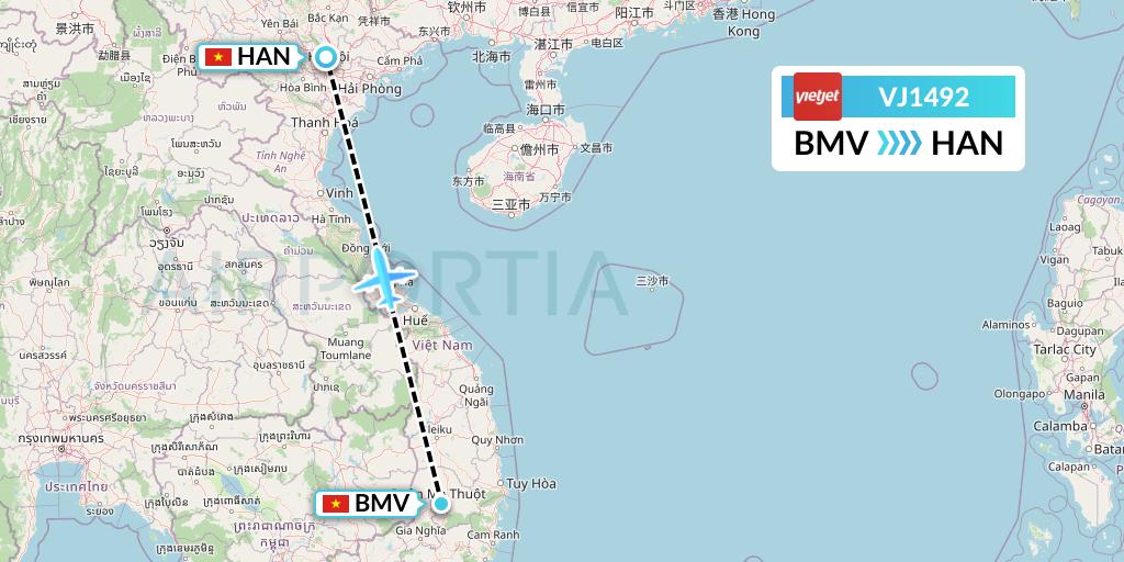 VJ1492 VietJet Air Flight Map: Buon Ma Thuot to Hanoi