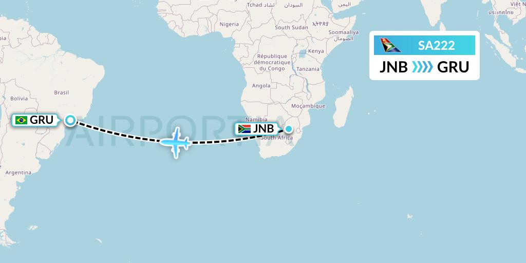 SA222 South African Airways Flight Map: Johannesburg to Sao Paulo
