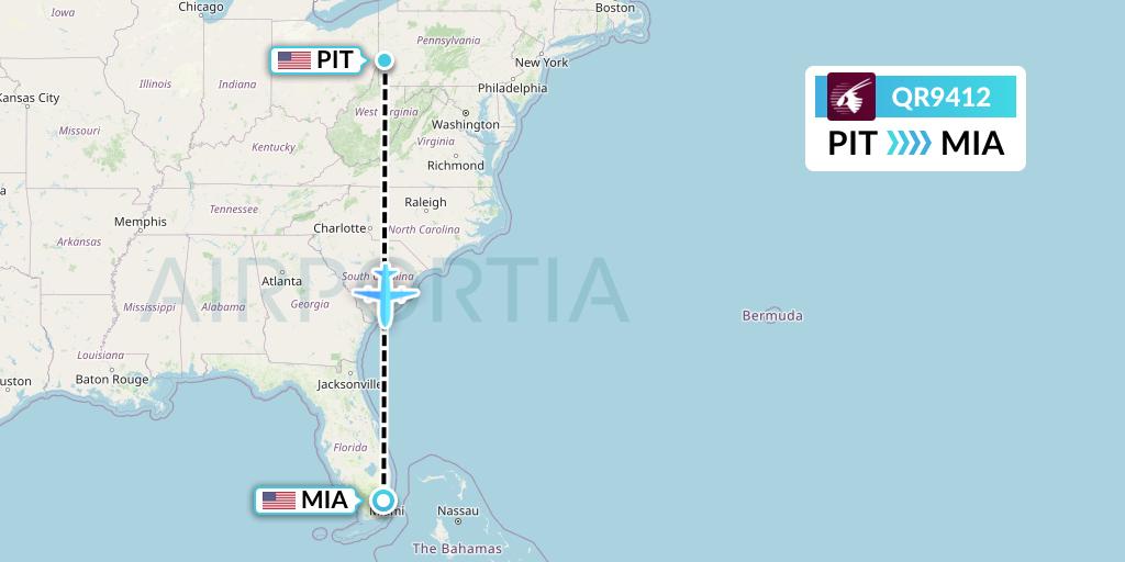 QR9412 Qatar Airways Flight Map: Pittsburgh to Miami