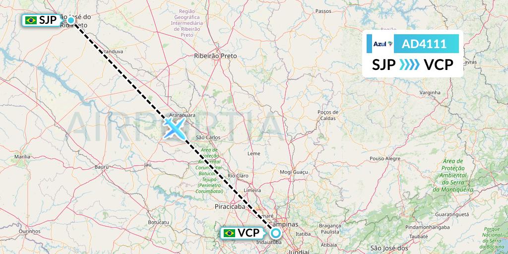 AD4111 Azul Brazilian Airlines Flight Map: Sao Jose Do Rio Preto to Campinas
