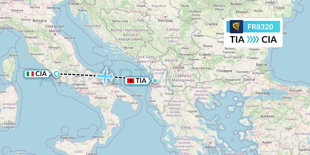 FR8320 Ryanair Flight Map: Tirana to Rome