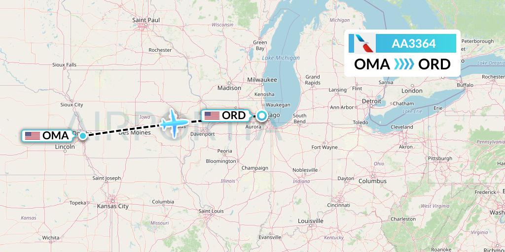 AA3364 American Airlines Flight Map: Omaha to Chicago