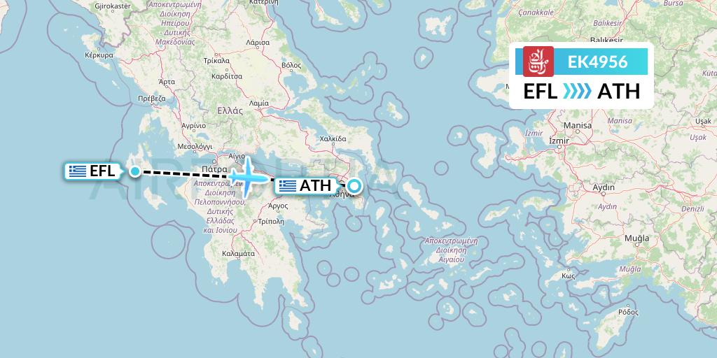 EK4956 Emirates Flight Map: Kefalonia to Athens