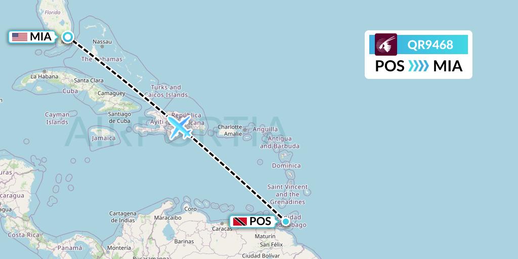 QR9468 Qatar Airways Flight Map: Port of Spain to Miami