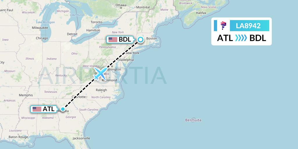 LA8942 LAN Airlines Flight Map: Atlanta to Windsor Locks