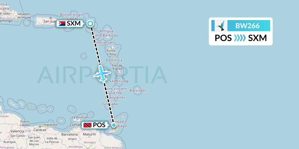 BW266 Caribbean Airlines Flight Map: Port of Spain to Sint Maarten
