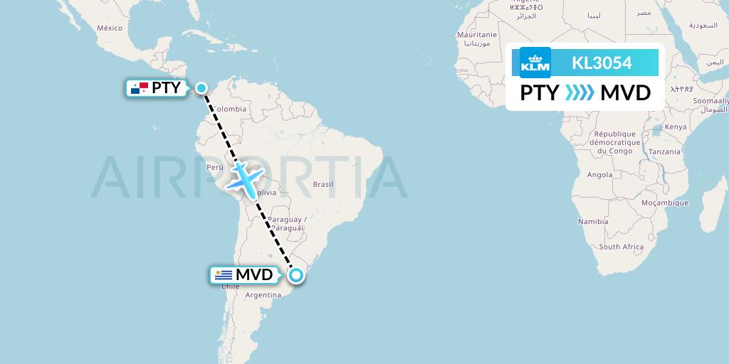 KL3054 KLM Flight Map: Panama City to Montevideo