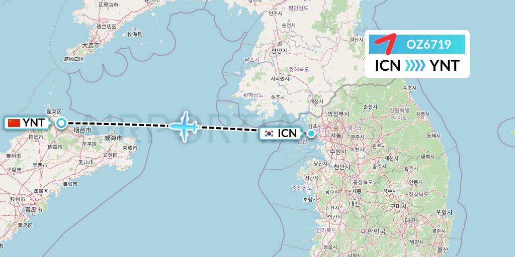 OZ6719 Asiana Airlines Flight Map: Seoul to Yantai