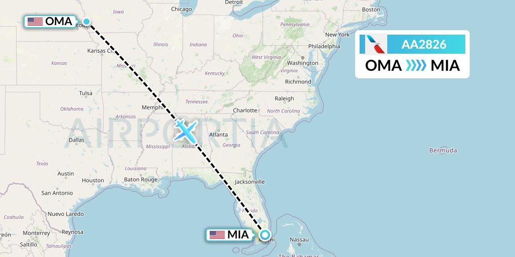 AA2826 American Airlines Flight Map: Omaha to Miami