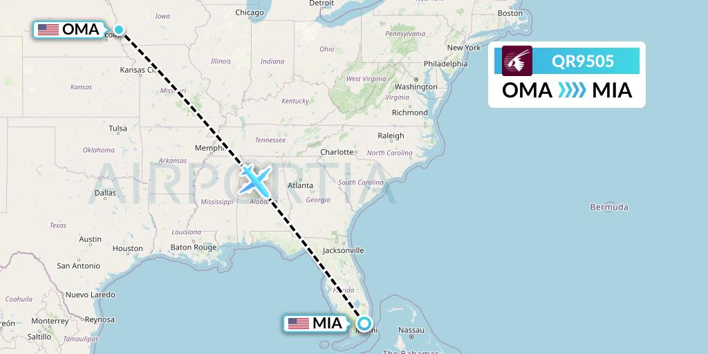 QR9505 Qatar Airways Flight Map: Omaha to Miami