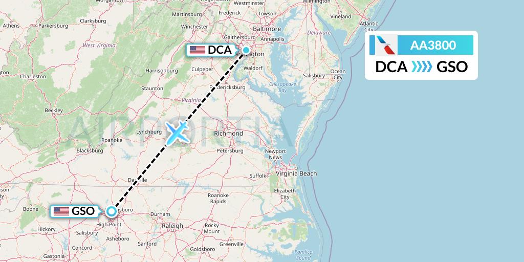 AA3800 American Airlines Flight Map: Washington to Greensboro