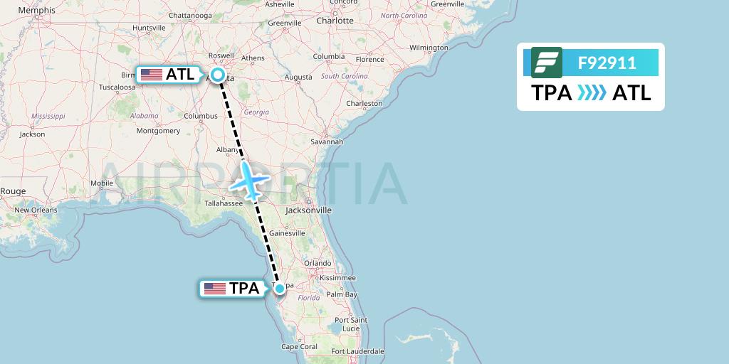 F92911 Frontier Airlines Flight Map: Tampa to Atlanta