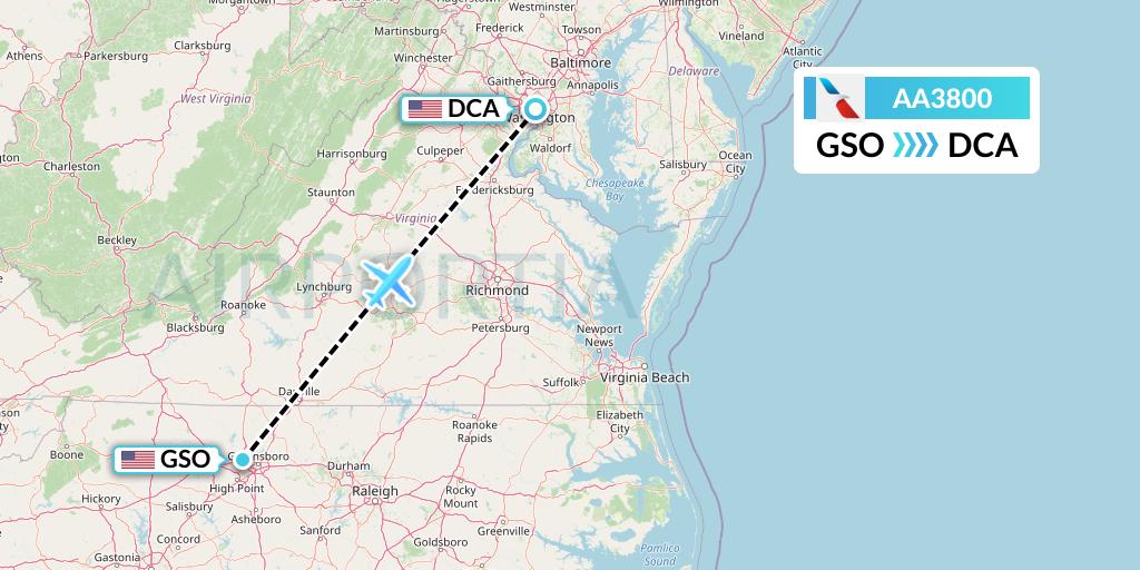 AA3800 American Airlines Flight Map: Greensboro to Washington