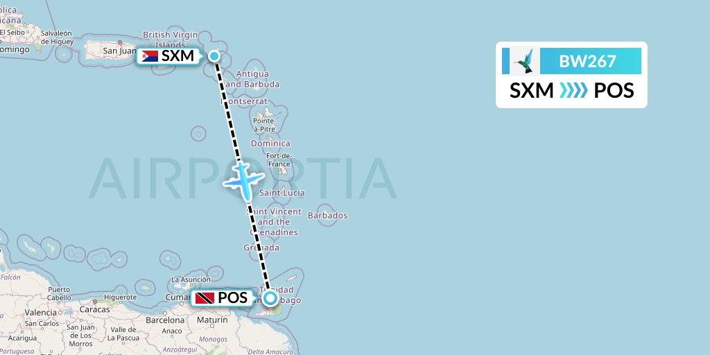 BW267 Caribbean Airlines Flight Map: Sint Maarten to Port of Spain