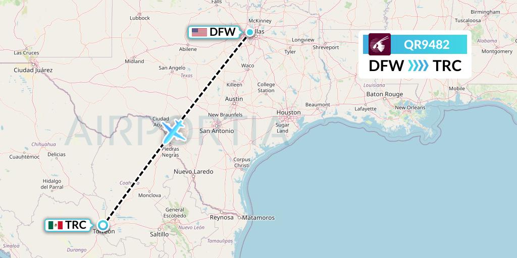 QR9482 Qatar Airways Flight Map: Dallas to Torreon
