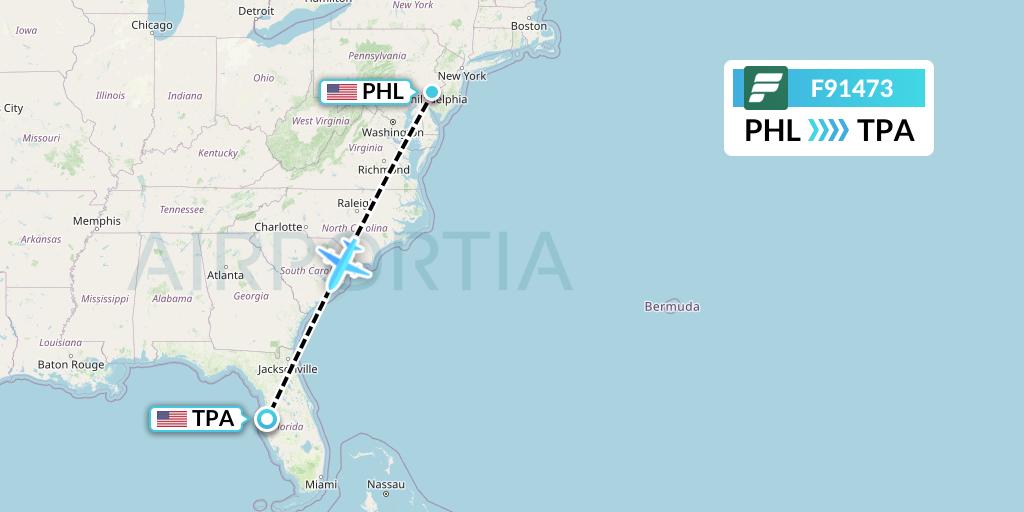 F91473 Frontier Airlines Flight Map: Philadelphia to Tampa