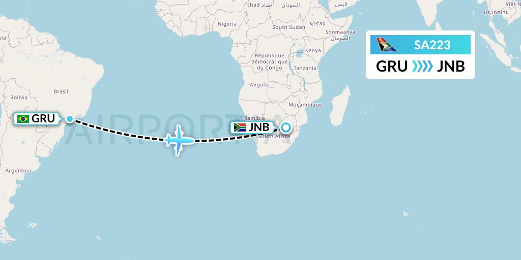 SA223 South African Airways Flight Map: Sao Paulo to Johannesburg