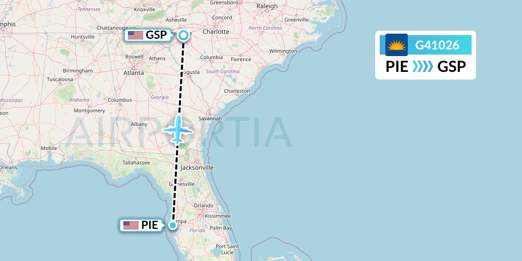G41026 Allegiant Air Flight Map: St. Petersburg to Greenville-Spartanburg
