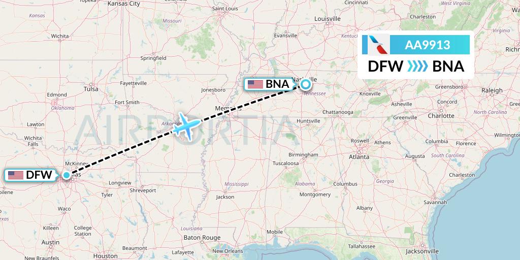 AA9913 American Airlines Flight Map: Dallas to Nashville
