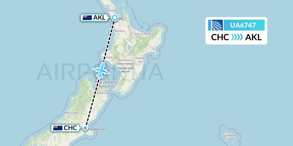 UA6747 United Airlines Flight Map: Christchurch to Auckland