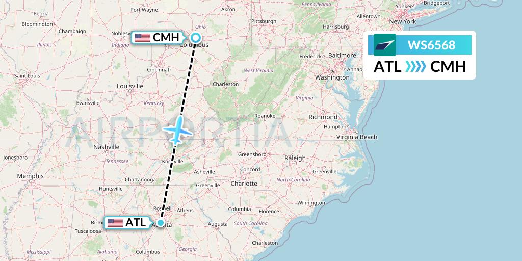 WS6568 WestJet Flight Map: Atlanta to Columbus