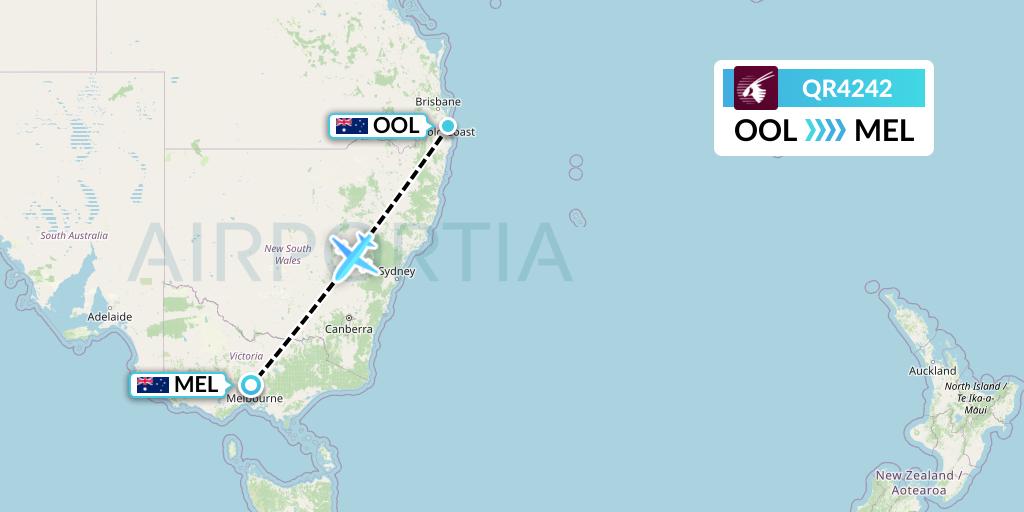 QR4242 Qatar Airways Flight Map: Gold Coast to Melbourne
