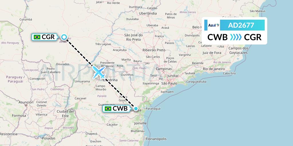 AD2677 Azul Brazilian Airlines Flight Map: Curitiba to Campo Grande
