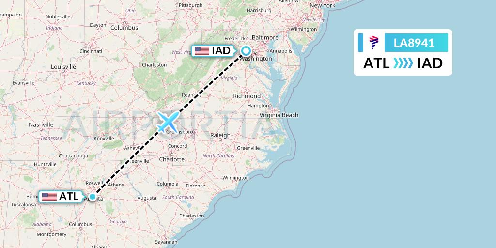 LA8941 LAN Airlines Flight Map: Atlanta to Washington
