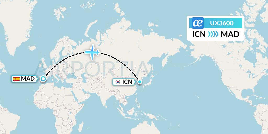 UX3600 Air Europa Flight Map: Seoul to Madrid