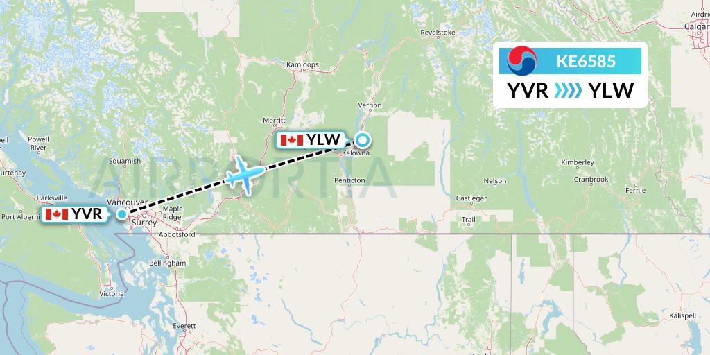KE6585 Korean Air Flight Map: Vancouver to Kelowna