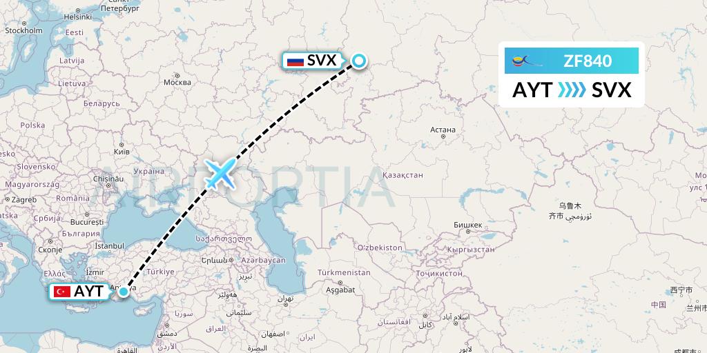ZF840 Azur Air Flight Map: Antalya to Yekaterinburg