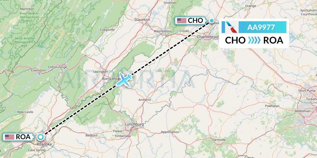 AA9977 American Airlines Flight Map: Charlottesville to Roanoke