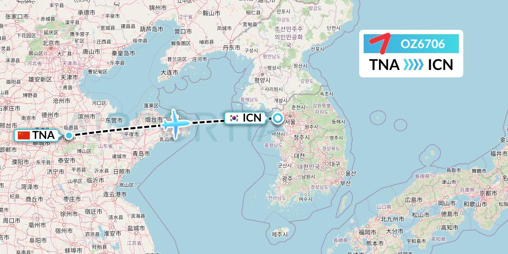 OZ6706 Asiana Airlines Flight Map: Jinan to Seoul