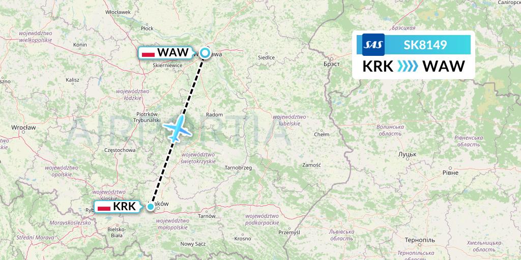 SK8149 SAS Flight Map: Krakow to Warsaw